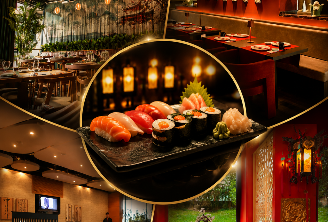İstanbul'un en iyi sushi restoranları için sushi ve restoran kolajı