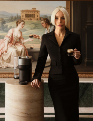 Nespresso'nun Türkiye'deki Yeni Yüzü Gülşen Oldu: "Her Kahve Yeni Bir Dünya" yazısı için Nespresso Vertuo ve Gülşen kampanya görseli